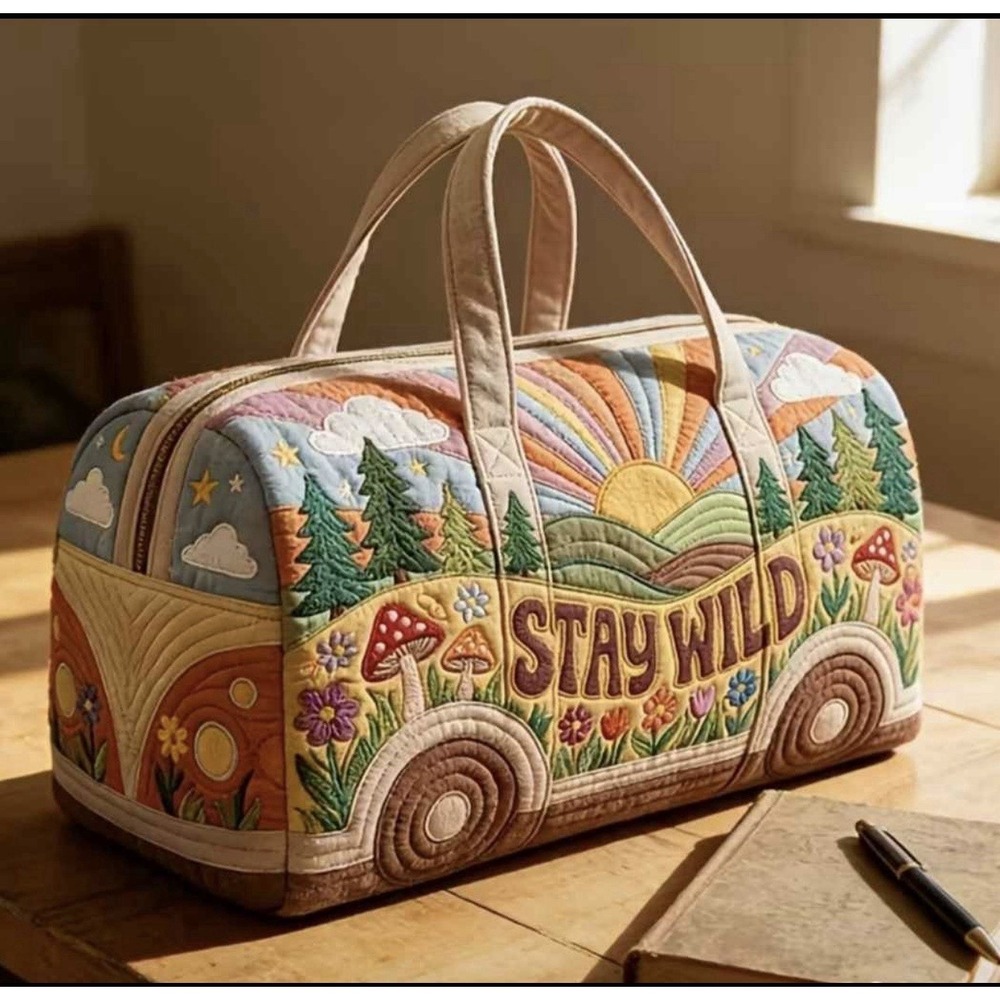 Stay Wild Quilted Duffle Bag Hippie Boho Camper Van Weekender Travel Tote 16"